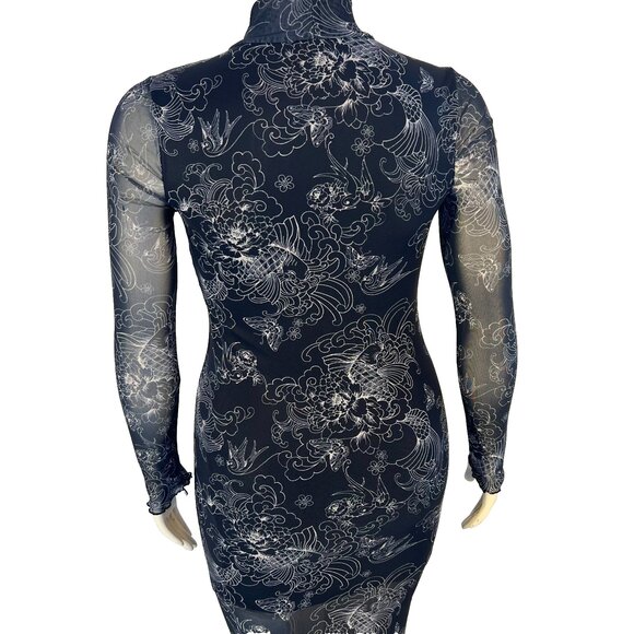 Forever 21 Bodycon Dress Womens M Asian Print Stretch Long Sleeve Mesh Mock Neck - Picture 8 of 14